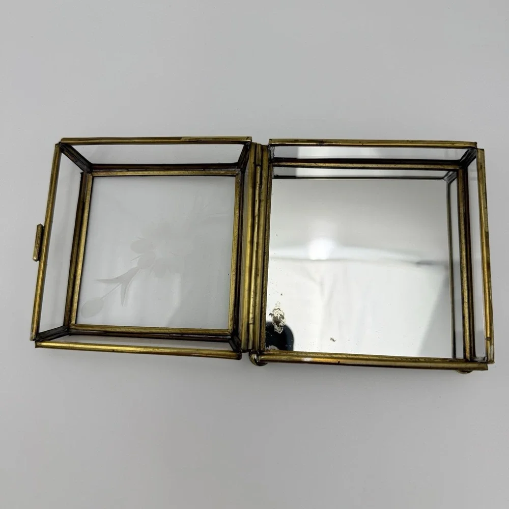 Mirrored Glass Jewelry Box Brass Trinket Etched Flower Lid Storage Display 4x4x2